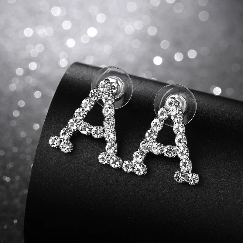 A Shape Letter Silver Color Initial Earrings Cute CZ Alphabet Women Rhinestone Crystal Stud With for | Украшения и аксессуары
