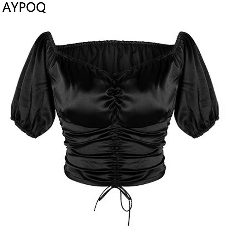 AYPOQ Сексуальная Слэш шеи плиссированные бинты Bodycon Блузка Растениеводство Топ
