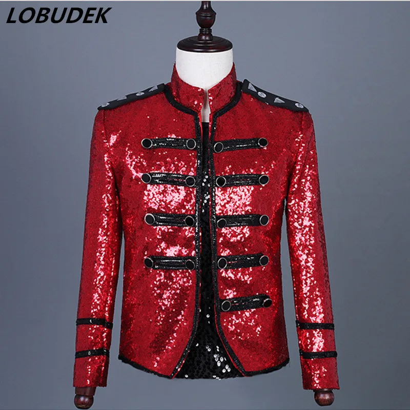 Tide Male Rock Singer Concert Costume Red Sequins Double-Breasted Stripe Jacket Slim Coat Nightclub DJ Dancer Performance Jacket