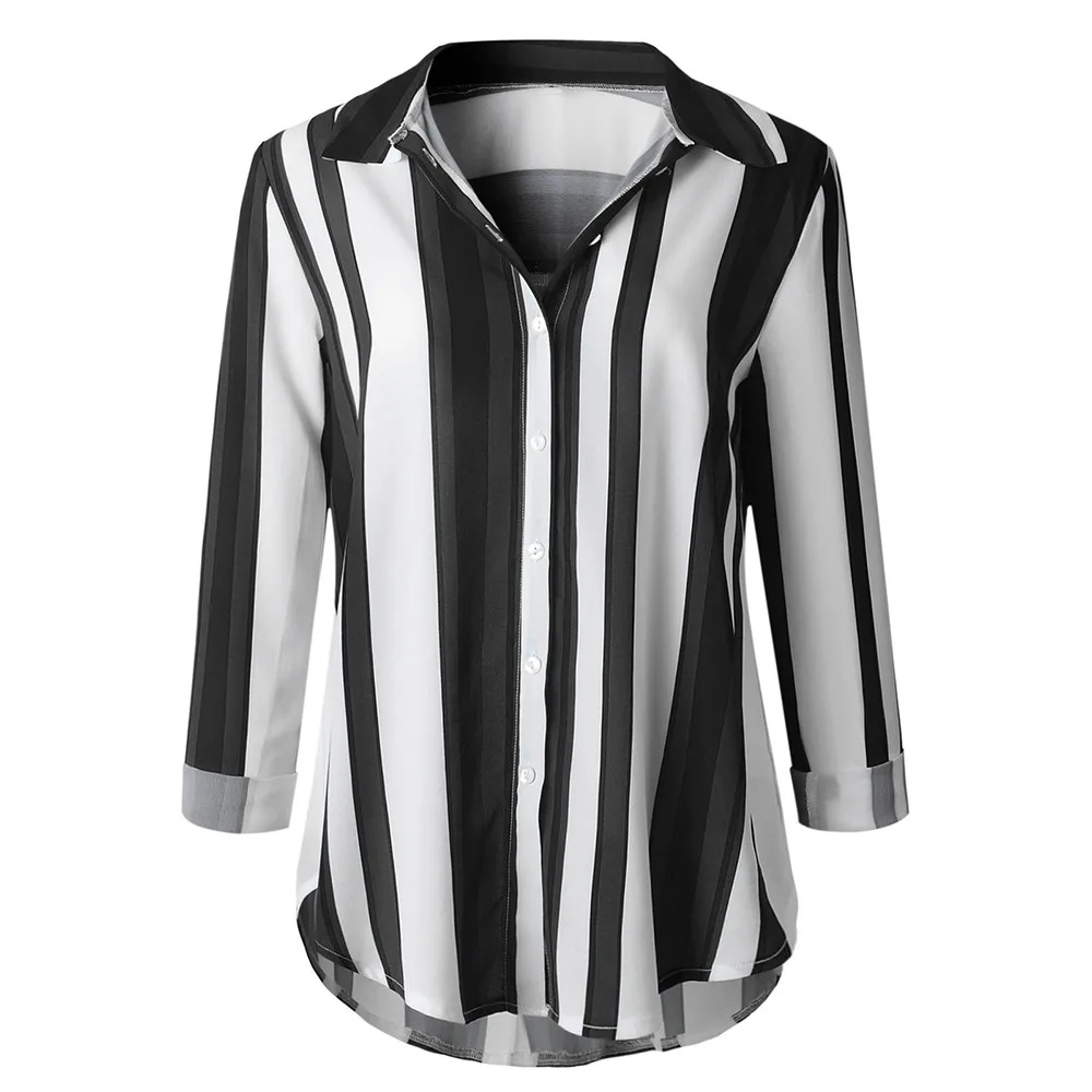 Женская черная рубашка 4XL 5XL размера плюс, Повседневная рубашка с длинным рукавом и v-образным вырезом на пуговицах, полосатая рубашка, блузка, топы koszula damska-30