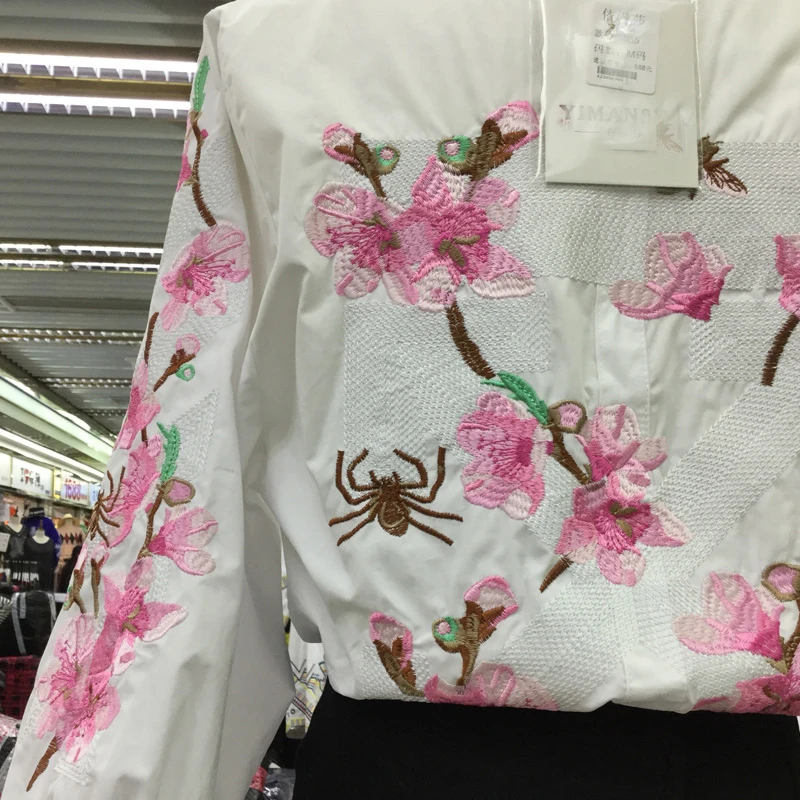 Spring Autumn Tops Woman Irregular Flower Embroidery Shirt New Loose Casual Blouse V-Neck lantern Sleeve blouses Female HF76 | Женская