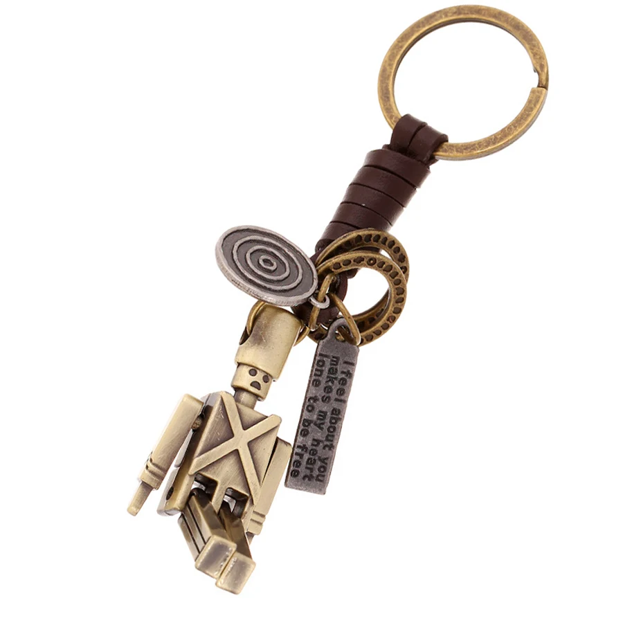 

Punk Vintage Men Bronze Robot Keychain Genuine Leather Key Chain Ring Holder Bag Charm Pendant Car Decoration Keyring Gift FY064