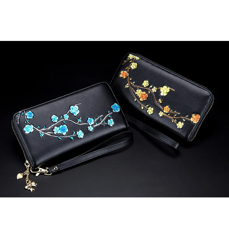 Цветочный для Женщин Сливы узор Длинный кошелек RFID клатч для леди пояса из натуральной кожи портмоне большой ёмкость держатель для карт