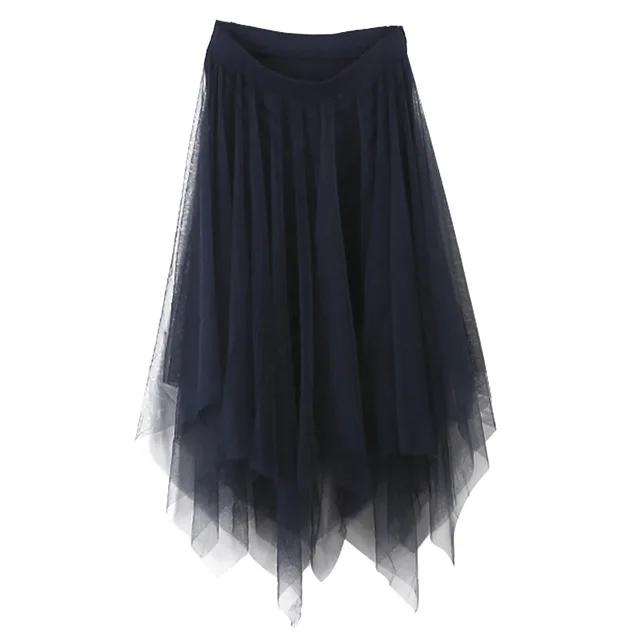 Navy Blue Новые фатиновые юбки женские модные эластичные Высокая талия сетки высокая низкая юбка Черный, серый цвет средней длины юбки юбка faldas saias femininas jupe - Цвет: Navy Blue