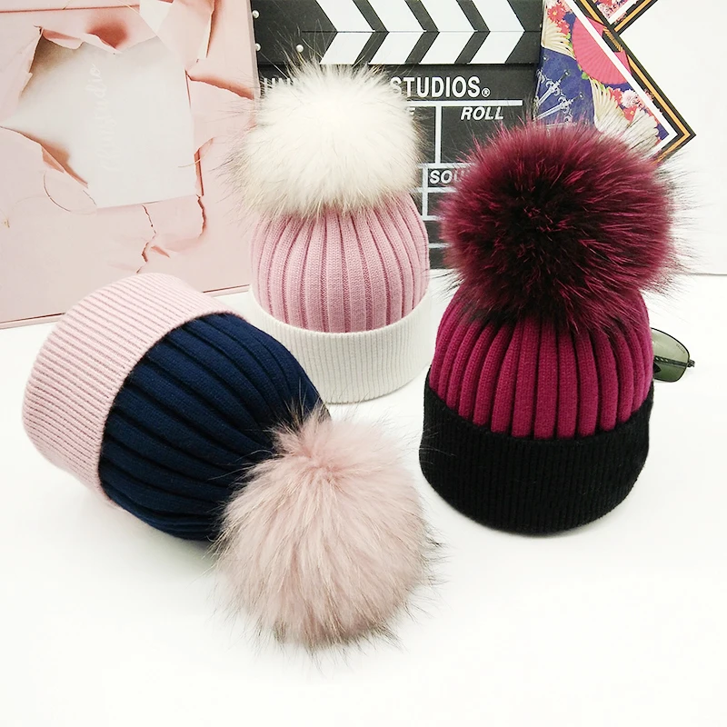 

2018 True raccoon ball hat female autumn winter thick wool knitted wool hat Korean version of students color thermal fur gorros