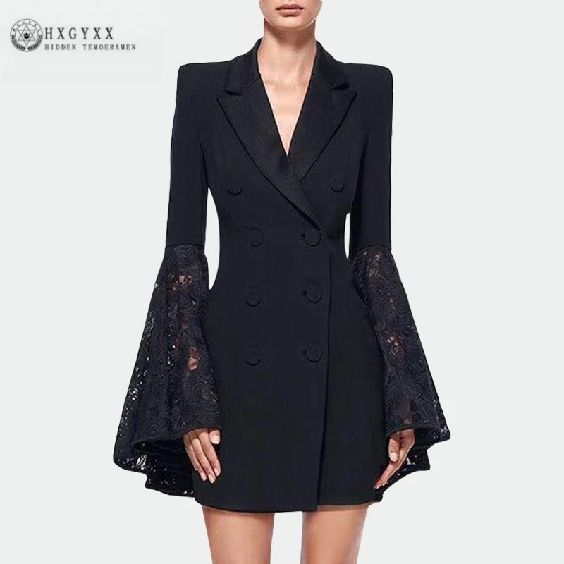 Европейский Весенний новый черный приталенный модный кружевной Женский костюм с