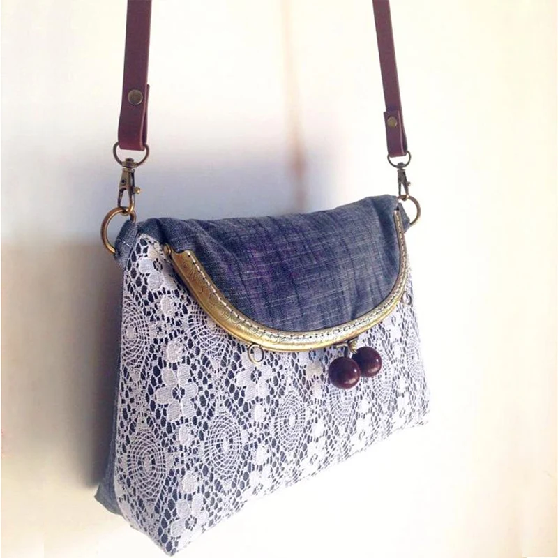 

Cotton Handmade Bag Lace Women Tote Metal Frame Clutch Wine Red Beads Grey Women Saddle Double Sides Shoulder Bag Vintage Purse