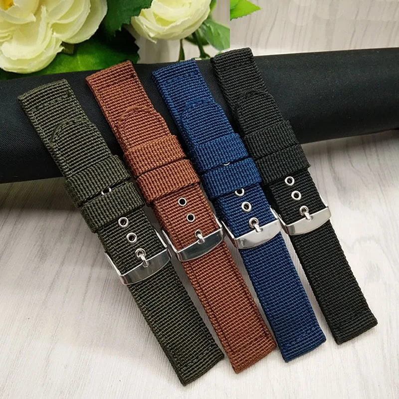

HENGRC Watch Band Outdoor Sports Nylon Nato Strap 18mm 20mm 22mm 24mm Handmade Canvas Watchband Steel Metal Needle Buckle