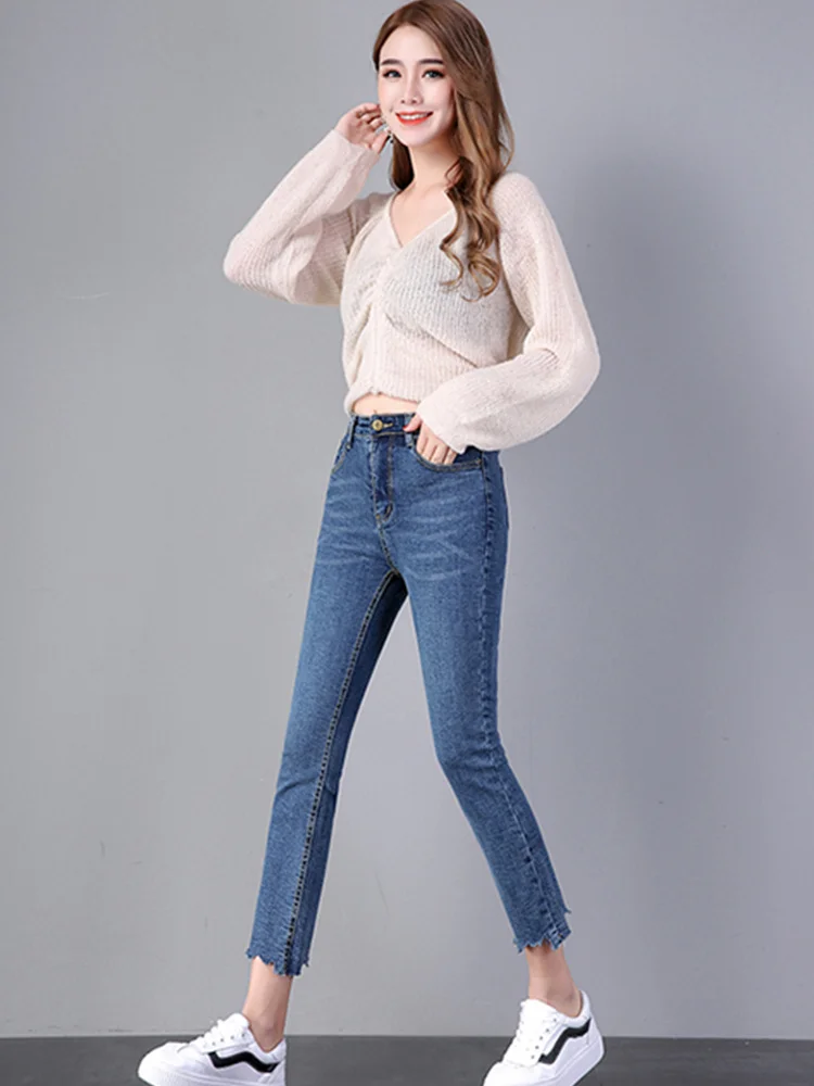 JUJULAND синие Выбеленные потертые джинсы рок Женские повседневные высокая посадка