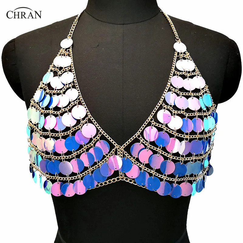 Chran Seascale Mesh Bra Bralet Womens Sequins Metal Chain Crop Tops 2018 Summer Harness Halter Necklace Nightclub Party Jewelry | Украшения