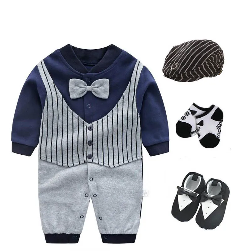 4 pcs set D Костюм-смокинг для свадебной вечеринки для новорожденных мальчиков, костюм для малышей 0-18 месяцев: боди+ шапка+ носки+ обувь, комплект одежды, подарок для маленького джентльмена - Цвет: 4 pcs set D