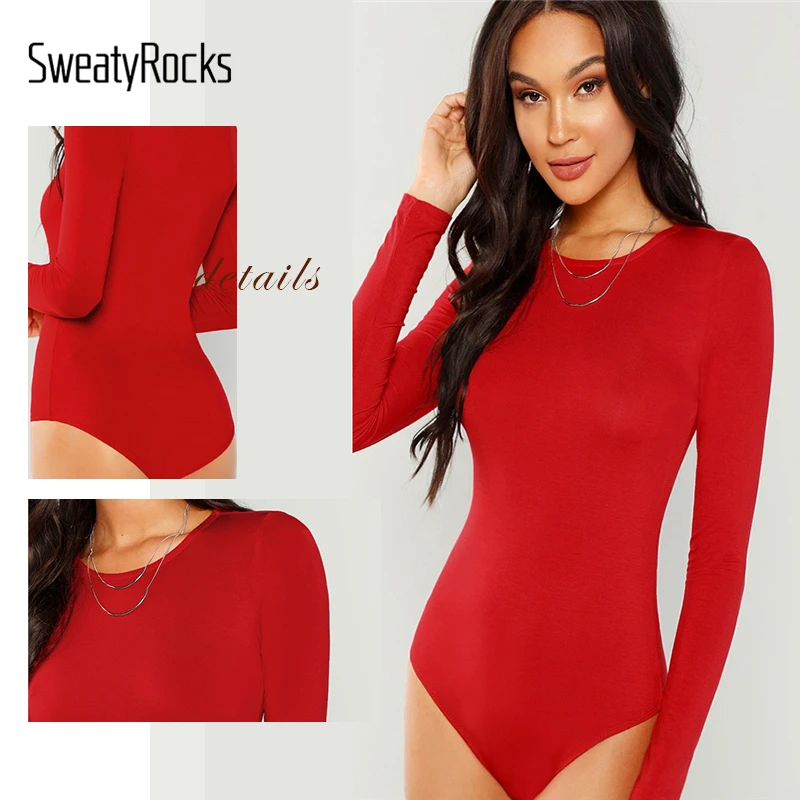 SweatyRocks, однотонная шелковистая футболка с длинным рукавом, боди, летняя Женская эластичная одежда с круглым вырезом, новинка, повседневный обтягивающий Красный боди