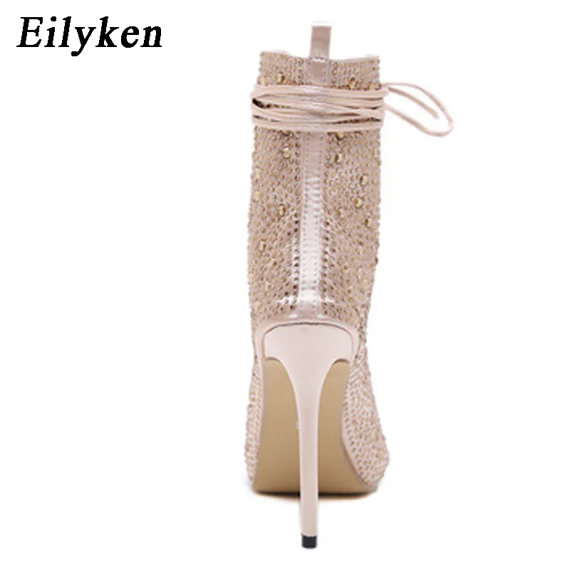 Eilyken/ г. Новые пикантные шелковые узкие женские ботинки, сандалии ботильоны на шнуровке с открытым носком на высоком каблуке 12 см, размер 35-40