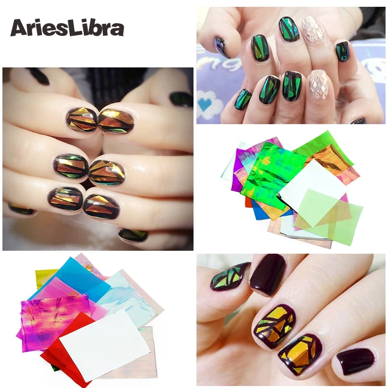 AriesLibra 21 шт./упак. Mylar разрушенной Стекло целлофан сломанной Стекло Фольга этикеты зеркало Советы трафарет ногтей декоративные Стикеры