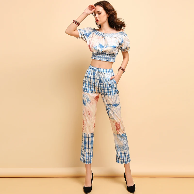 LD LINDA DELLA Fashion Summer Suits Women's Casual lantern Sleeve Elastica Tops+Elegant Floral Printed Long Pants 2 Pieces Set