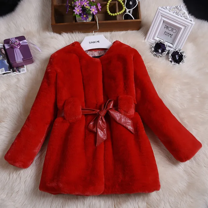 Furry 2018 Baby Girls Rabbit Fur Children's Coat Faux Medium-long Style Long Sleeve O-neck Kids Warm Windbreaker XL401 | Детская