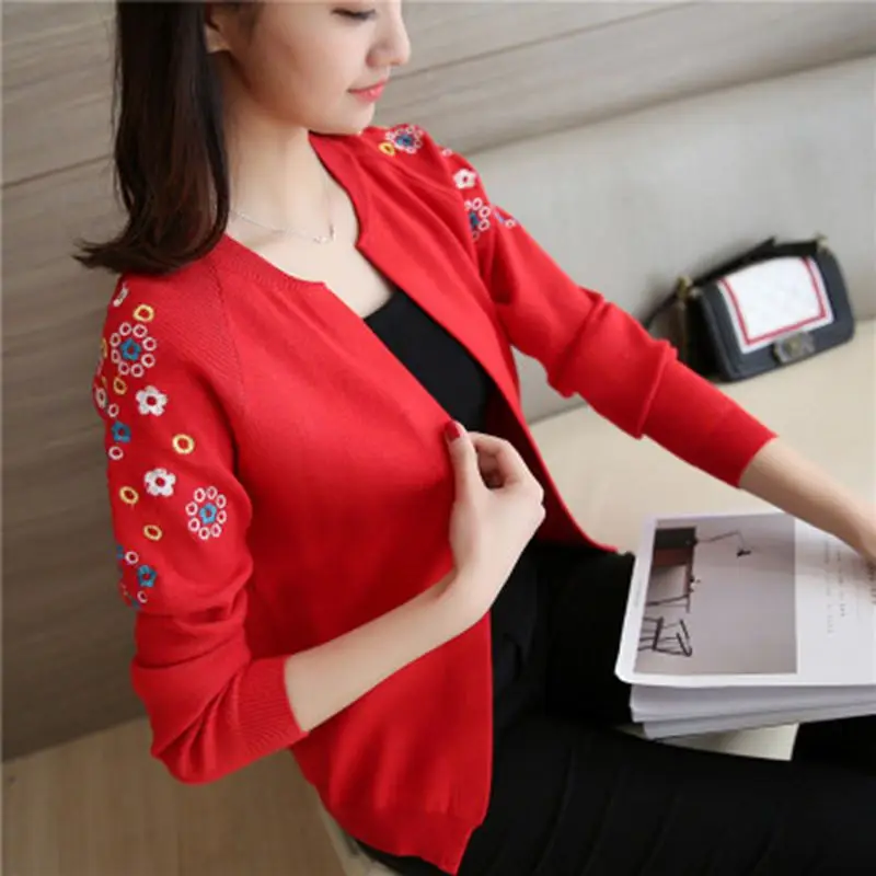 Женский трикотажный кардиган с круглым вырезом длинным рукавом|embroidered cardigan