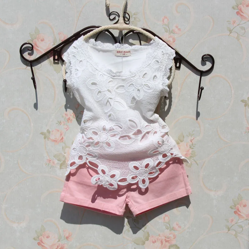2016 летние комплекты одежды для девочек детская одежда кружевной хлопковый жилет
