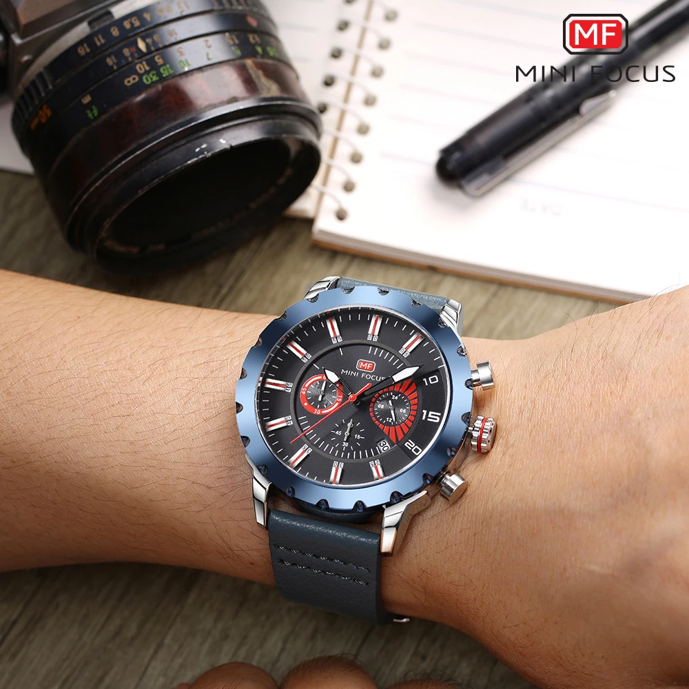 MINIFOCUS модные многофункциональные спортивные часы Для мужчин кожа кварцевые