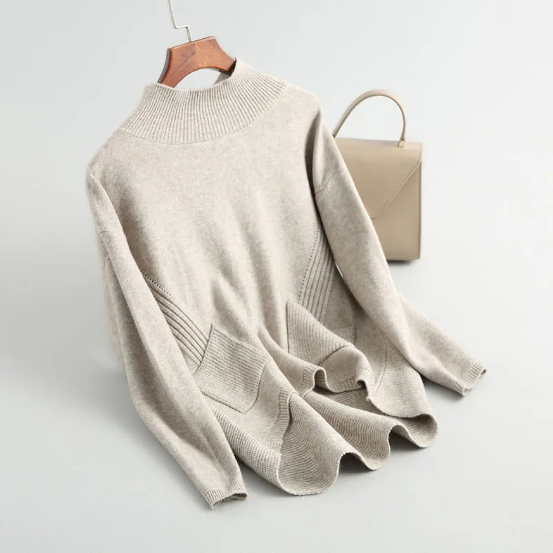 as picture J722 женский свитер с высоким воротом и двойными карманами спереди короткий сзади длинный Повседневный шерстяной свитер женский свободный пуловер джемпер свитер - Цвет: as picture