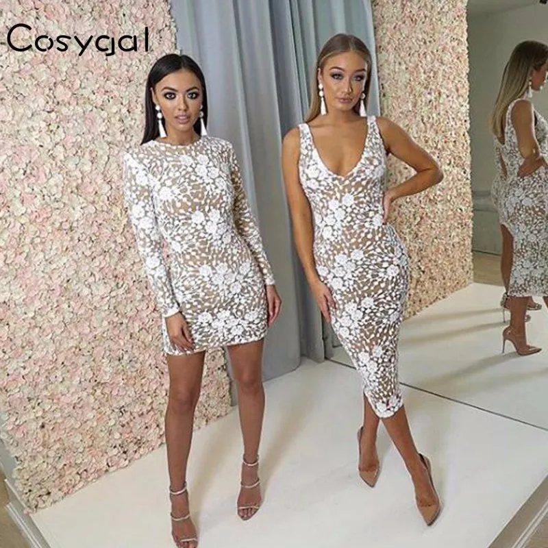 COSYGAL Сексуальное Кружевное облегающее платье женское цветочное глубокий v-образный вырез миди вечерние платья Элегантный блесток летнее платье Vestidos
