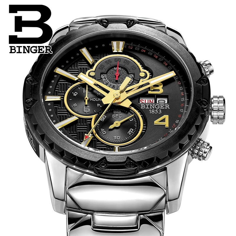 

Chronograph 2017 Watches Men Luxury Brand BINGER Waterproof 30M Sport Military Watch Quartz Watch men wristwatches masculino