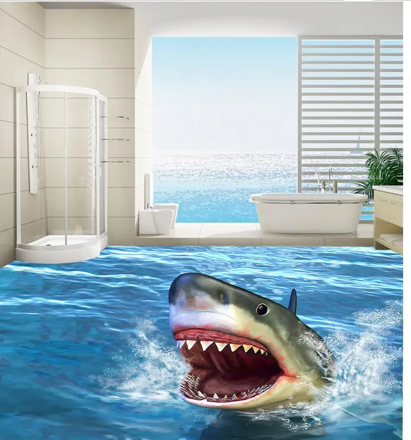 3D обои для пола ванной комнаты с изображением океана акулы из ПВХ|floor 3d wallpaper|floor