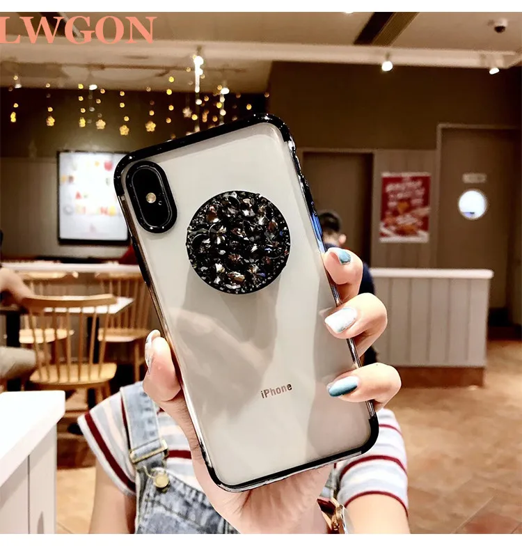 Lwgon Luxury Bling Diamond Airbag Bracket Rhinestone Crystal Clear Soft Case Cover For OPPO R9 R9S R11 R11S Plus R15 R17 P |