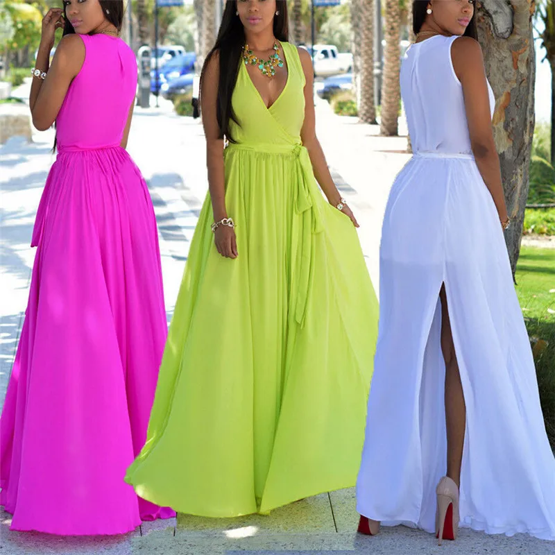 Women Boho Solid Long Maxi Dress Sexy V Neck Sleeveless Beach Vestido Side Split Elegant Party Loose Summer Sundress | Женская одежда