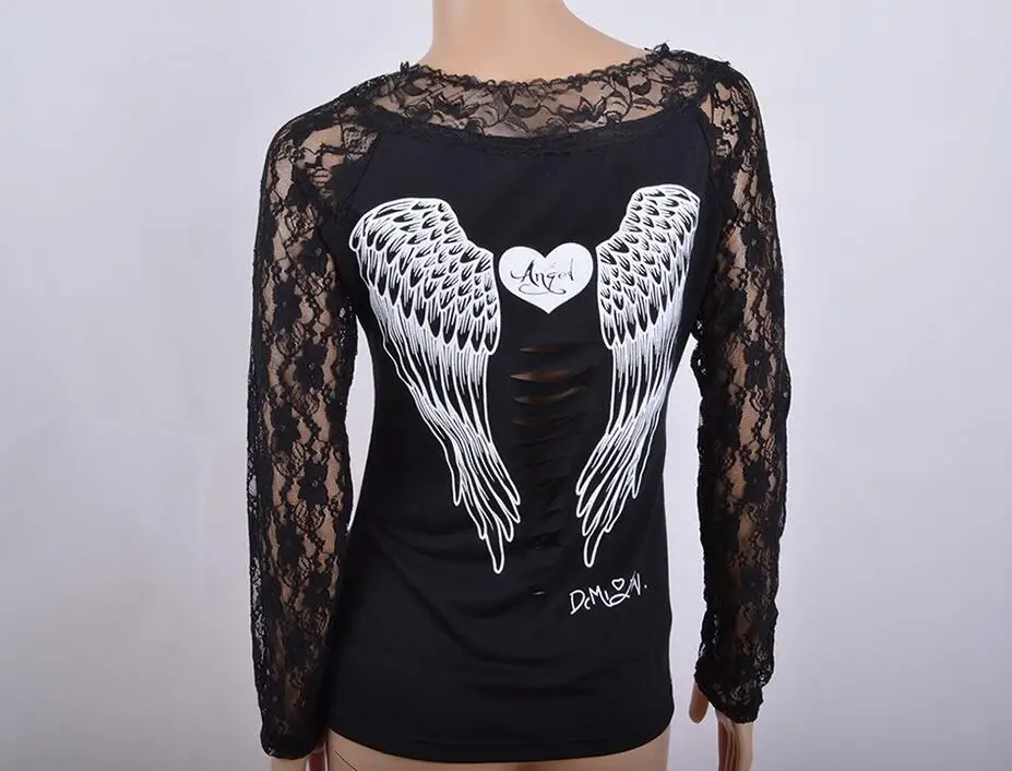 Женская Кружевная футболка с принтом Крылья Ангела осень 2016 сексуальные топы