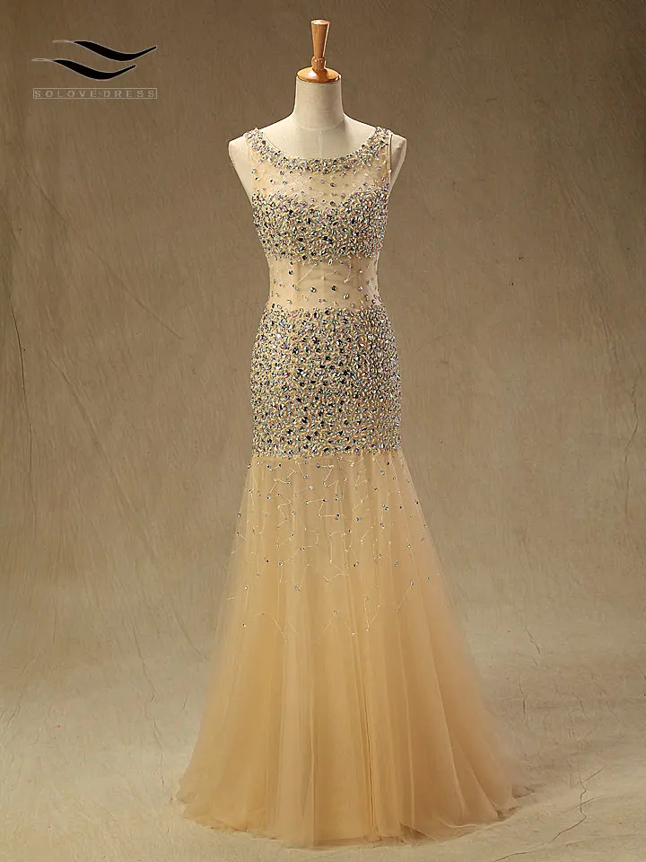 

Solovedress Tulle Sleeveless Beads and Crystals Prom Dress Evening Party Dress Mermaid Formal Gown vestido de festa longo SL-P64