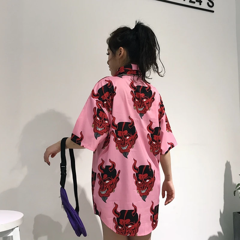 Harajuku модные короткий рукав Для женщин рубашки хип-хоп дьявол глава жуткий мультфильм печати рубашки хлопковые свободные средней длины летние рубашки