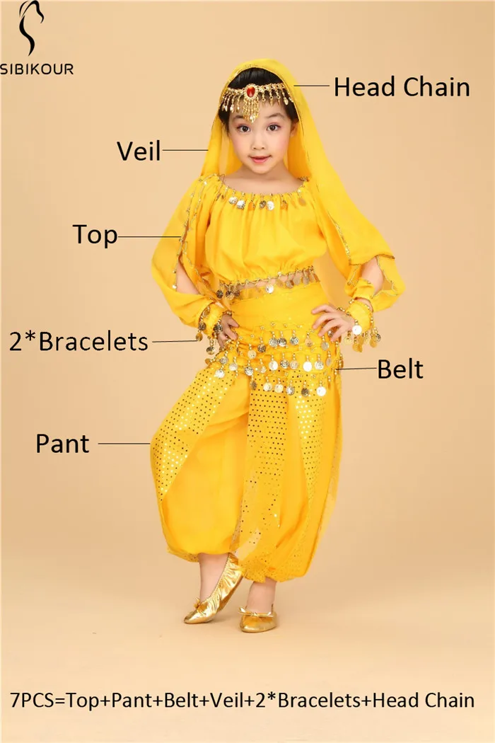 Yellow 7pcs Болливуд набор костюма для танца живота для детей Египетский восточный индийский танец живота костюм для девочек платье 120D шифон Топ Брюки - Цвет: Yellow 7pcs
