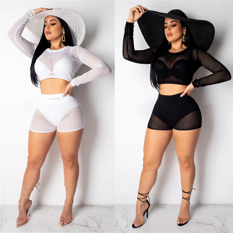 Women Hollow Mesh Two-pieces Bikini Cover-up T-Shirt Long Sleeve Transparent Crop Top and Slim Bottom Swimwear Batihing Suit | Спорт и