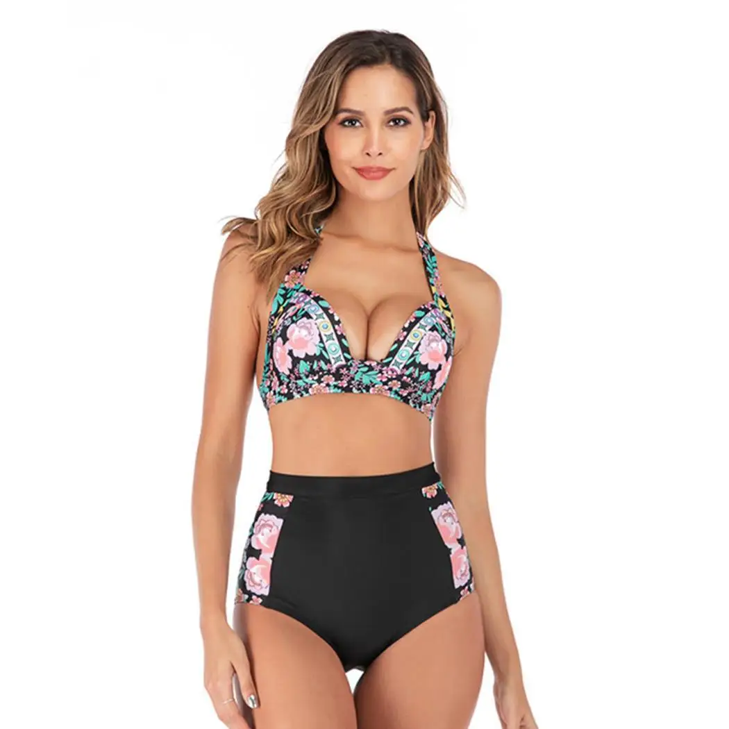 Women Summer Floral Printing High Waist Wire Free Bikini Two Casual Pool Beach Piece Slim Padded Swimsuits |