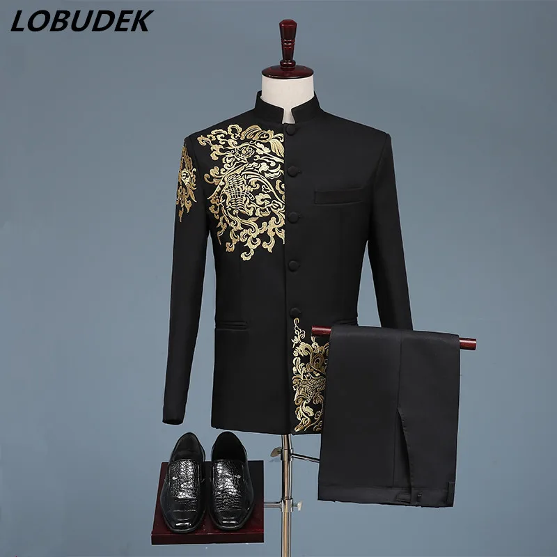 jacket pants Black White Men's sets Chinese style Gold Blazers Prom Host Stage Outfit Male Singer Teams Wedding DS Costume
