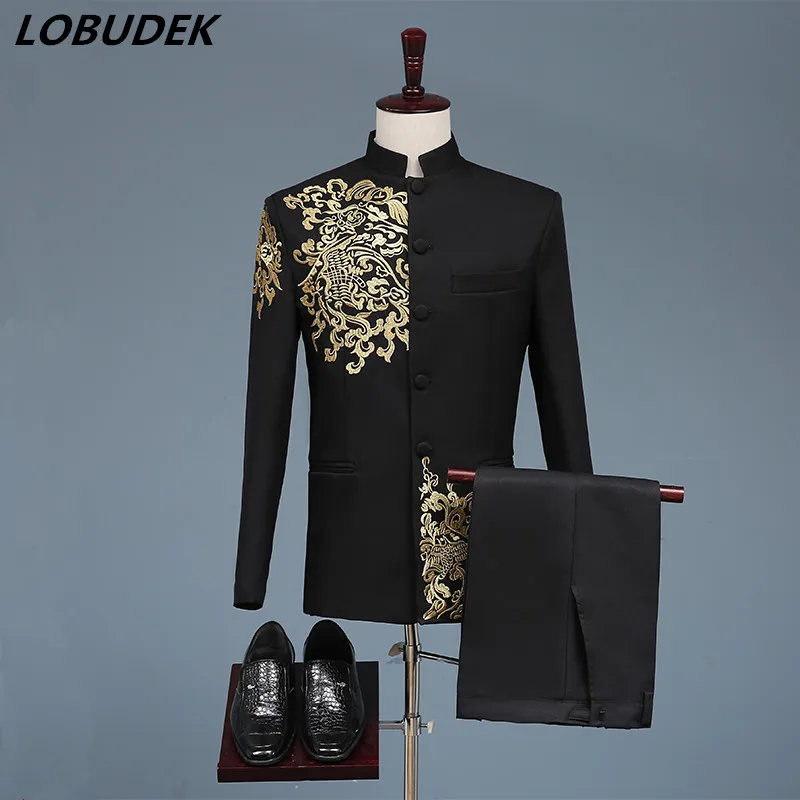 Куртка и брюки мужские черные белые комплекты в китайском стиле|party suit|suit standcostume