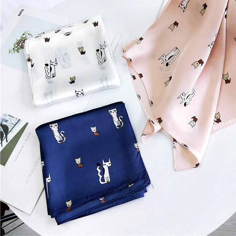 Женский маленький квадратный шарф милый женский головной убор с котом платок для