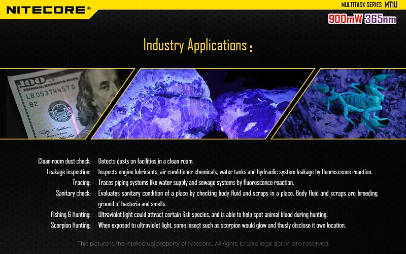 NITECORE MT1U многоцелевой светильник-вспышка 900 мВт 365 нм, длина волны, холодный светильник, удобный Ультрафиолетовый фонарь, светильник для рыбалки, охоты