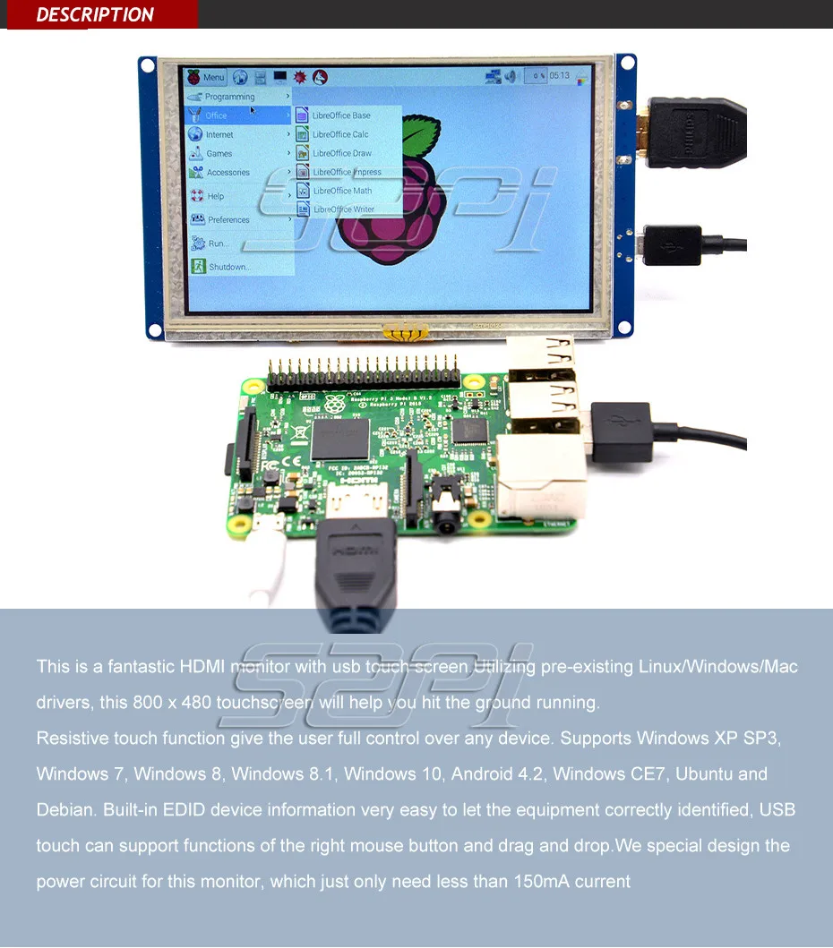 5 дюймов HDMI lcd сенсорный экран 800*480 TFT дисплей для Raspberry Pi 4B/3B+/3B/2 Модель B/PC бесплатно драйвер подключи и играй