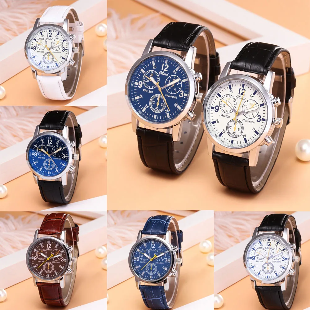 

Men WatchesBlue-ray glass neutral quartz simulates wrist epidermal Leather Strap watch relogio masculino men wristwatch clock