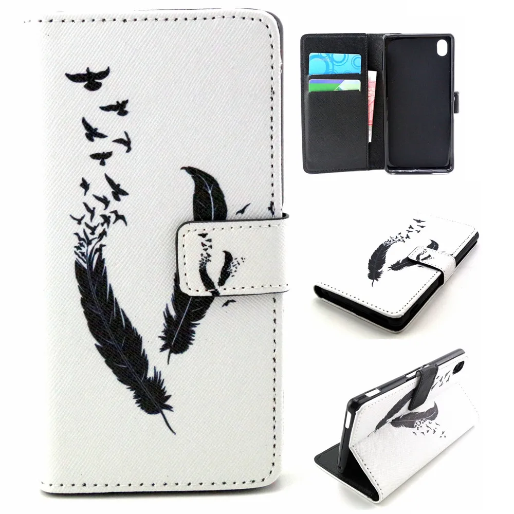 Black Feather Design Leather Flip Stand Wallet Card Slots Pouch Skin Cover Case For Sony Xperia M4 Aqua E2303 E2333 Funda Capa |