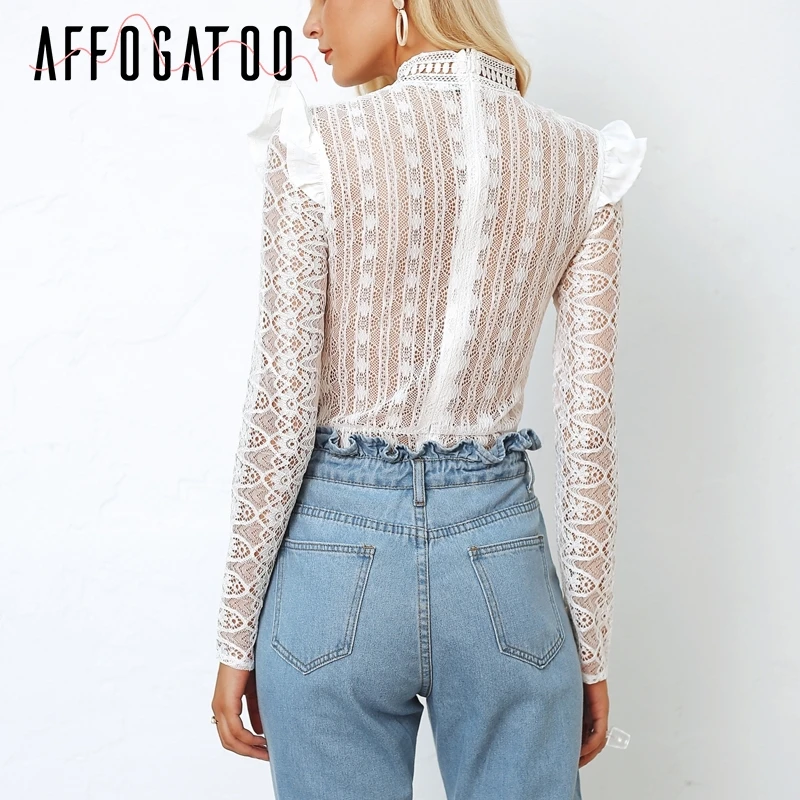 Affogatoo Ruffle long sleeve lace bodysuit women O neck hollow out 2018 Winter zipper elegant slim jumpsuit romper | Женская одежда