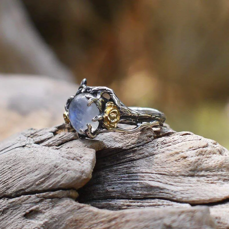 Retro Flower Shape Rings for Women Blue Round Colorful Opal Stone Gold Knuckle Two-tone Wedding Ring Love Jewelry Accessories | Украшения и