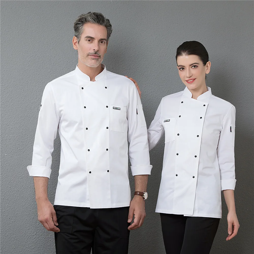 Двубортный длинный рукав шеф Cuisinier Рабочие куртки Cocina ресторанная кухня готовка Униформа еда обслуживание столовой комбинезоны