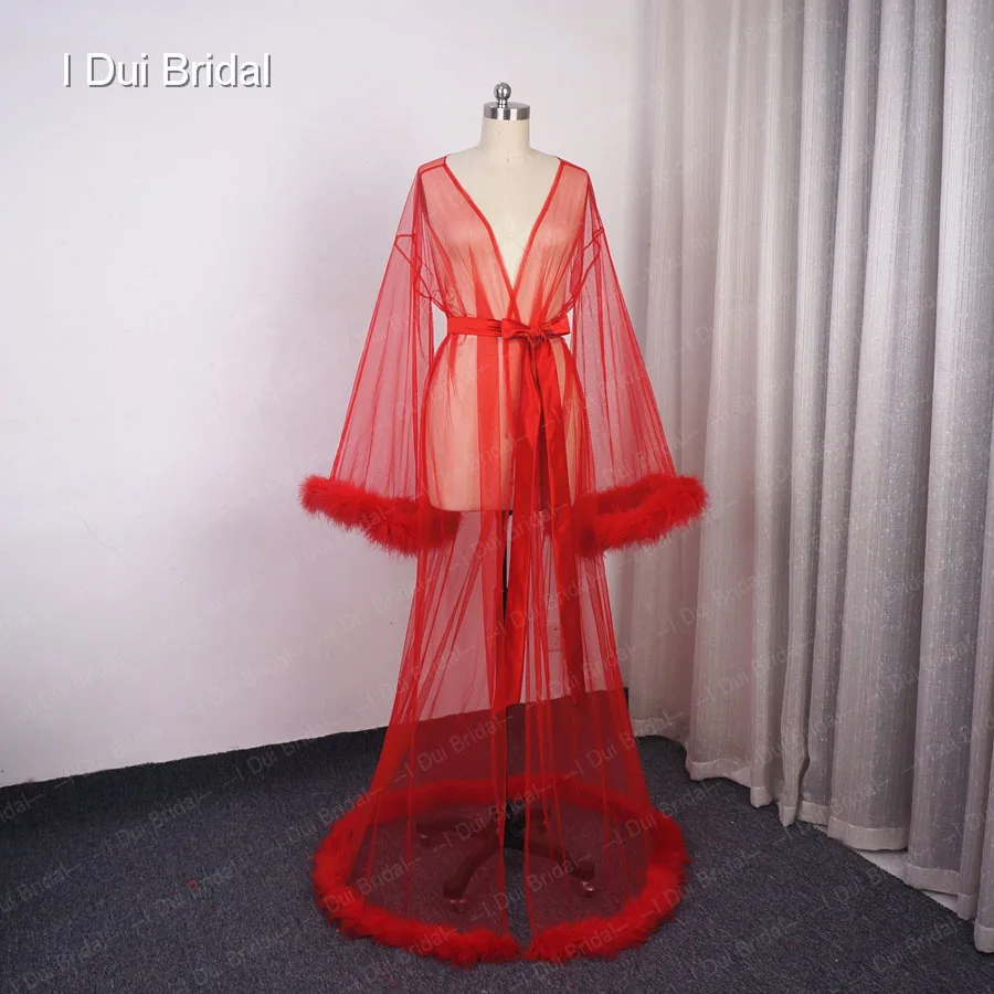 bright red Красное Перо прозрачный Свадебный халат Тюль Иллюзия с длинным рукавом Свадьба День рождения перо Халат - Цвет: bright red