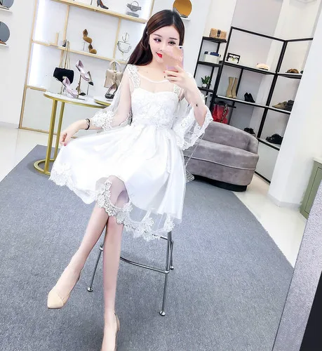 white dress Korobov винтажное кружевное платье трапециевидной формы с цветочной аппликацией женское Сетчатое лоскутное тонкое летнее платье с круглым вырезом и расклешенными рукавами Vestidos 77548 - Цвет: white dress