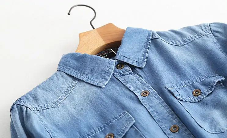 Женская джинсовая рубашка размера плюс 3XL, джинсовая рубашка из tencel, Повседневная рубашка с отложным воротником, с длинным рукавом, карманами, Повседневная Свободная блузка, топы