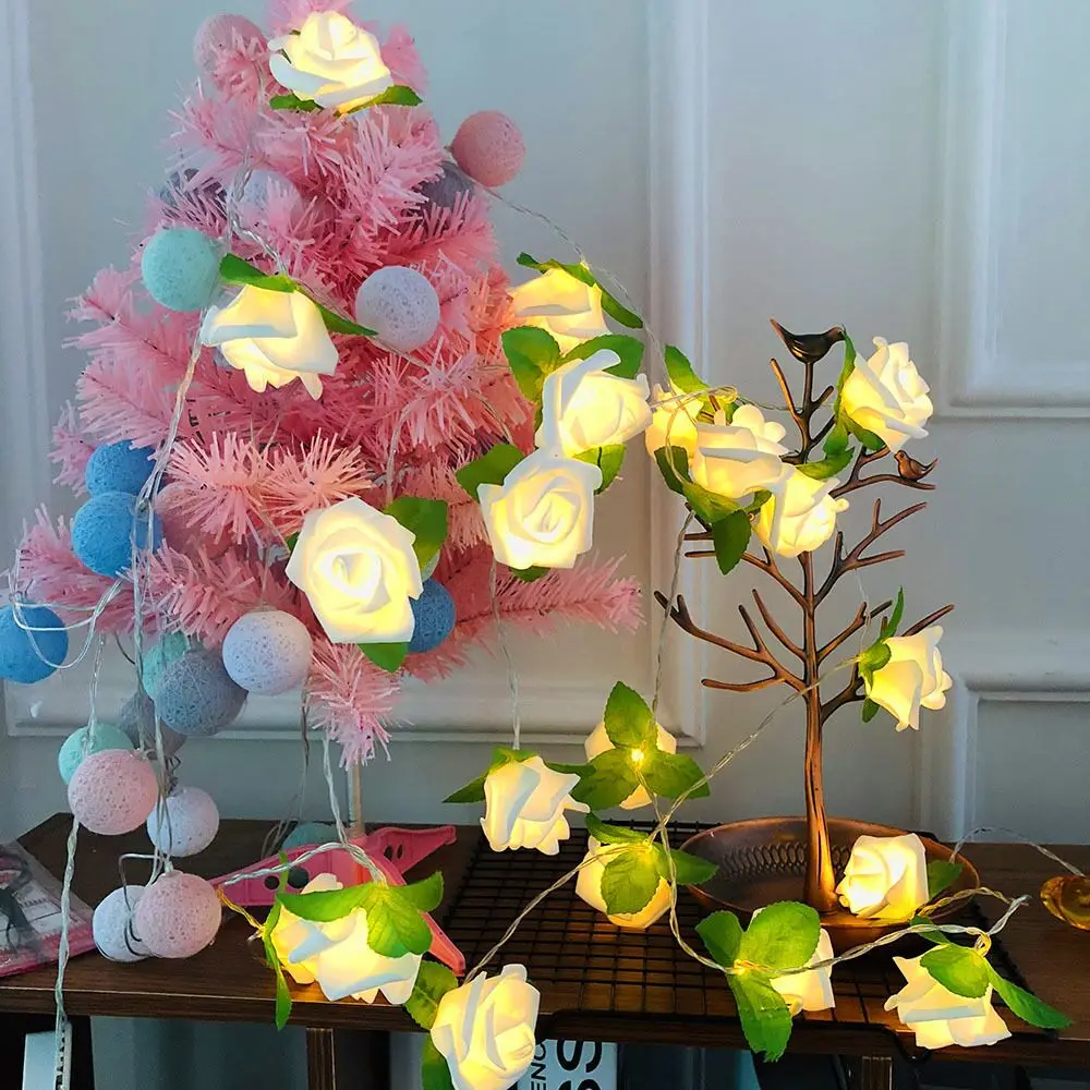 2M 20led AA Battery Powered Rose Flower Christmas Holiday String Lights Valentine's Day Wedding Party Garland Decor Luminaria