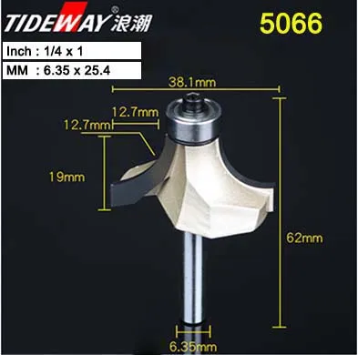 Tideway 1/4 6.35mm Corner Round Bit for Wood Woodworking Tool 2 flute Endmill with Bearing Milling Cutter Corner Round Over Bits - Длина режущей кромки: 5066